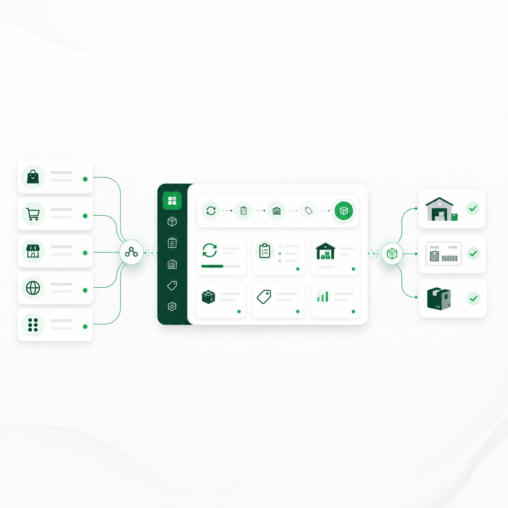 A multichannel ecommerce operations dashboard showing orders, inventory sync, warehouse routing, and Amazon MCF fulfillment across Amazon, Shopify, Walmart, and TikTok Shop.